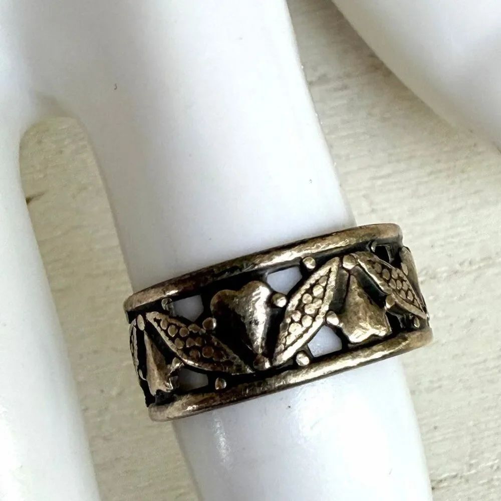 Vintage Sterling Silver Leaf & Heart Floral Band Ring Openwork Wide Band